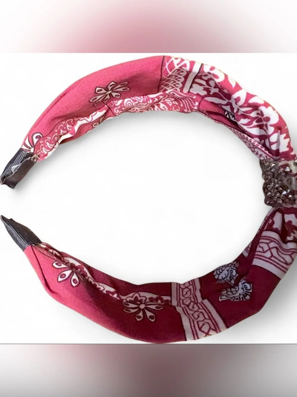 Pink Patterned Bow Headband with Crystal Accent